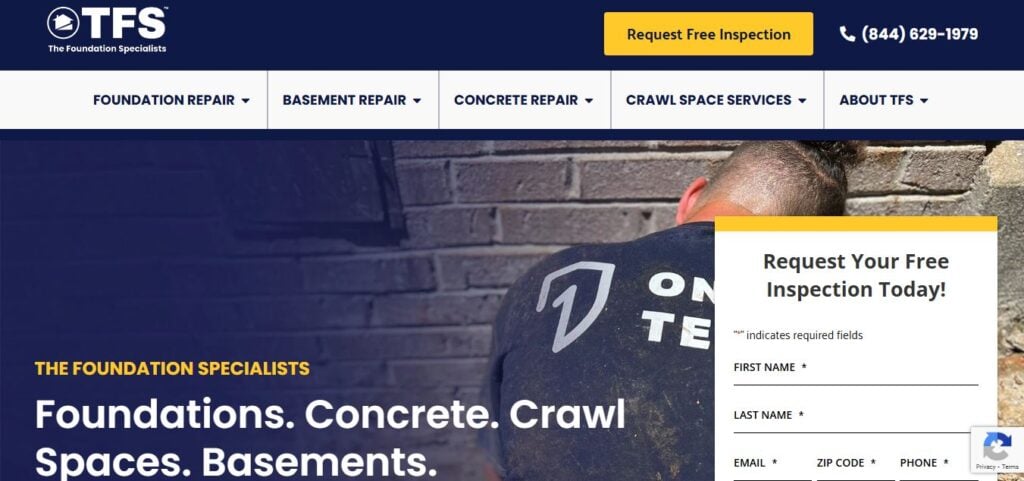 TFS homepage on Hook Agency’s site with free inspection form, service menu, contact number, and expert worker in background.