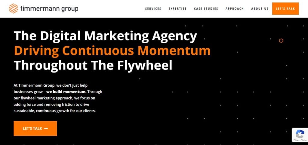 Screenshot of Hook Agency homepage, black background, bold white and orange text, “Digital Marketing Agency Driving Growth.” Orange "LET'S TALK" button displayed.