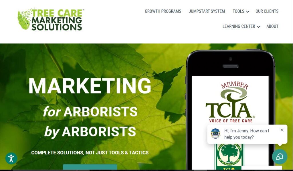 Screenshot of Hook Agency’s Tree Care Marketing homepage with leaf background, logo, menu, and chat box for marketing support.