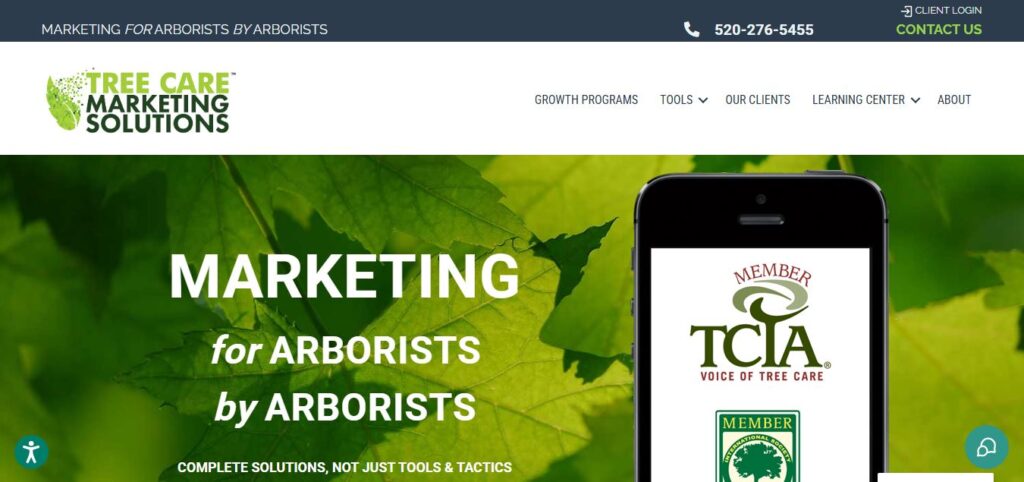 Tree Care Marketing Solutions homepage with leaf background, logo, menu, and phone showing “TCIA Voice.” 2025’s best tree service marketing.