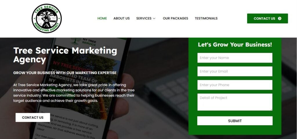 Screenshot of Hook Agency’s Tree Service Marketing page with logo, menu, marketing headline, mobile image, and contact form.