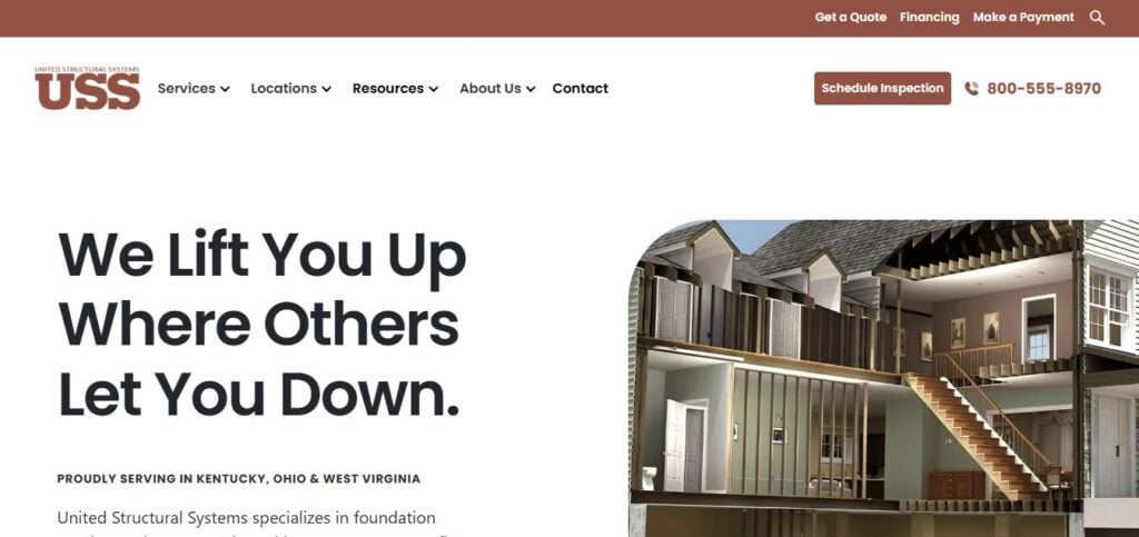 United Structural Systems homepage on Hook Agency: logo, navigation, contact info, 3D foundation cutaway; highlights expert repair services.