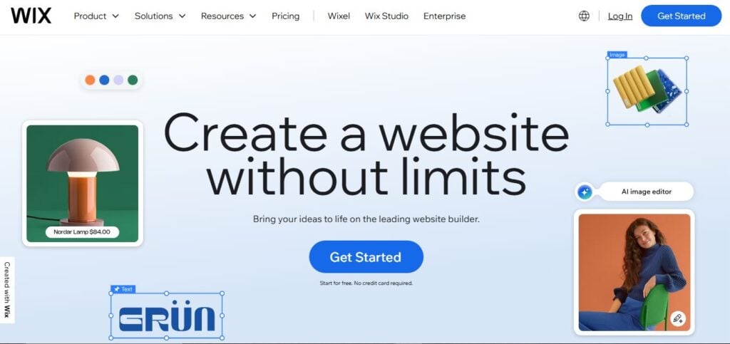 Wix homepage: "Create a website without limits," blue "Get Started" button, design images. Top navigation and login for contractors.
