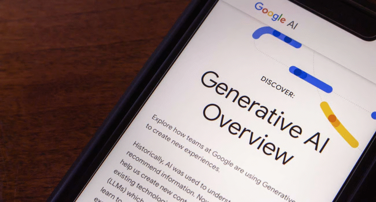 Smartphone shows Google AI's "Generative AI Overview" webpage with bold shapes, on dark wood surface, featured at Hook Agency.