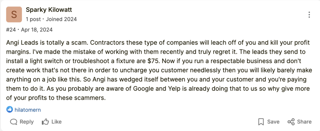 Sparky Kilowatt's post on Hook Agency's website criticizes Angi Leads as a scam due to their high prices that severely impact profit margins. Sparky expresses regret over partnering with them and advises others to avoid Angi Leads to prevent similar financial losses.