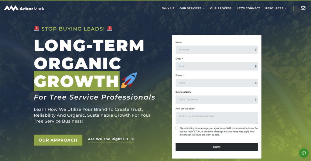 Hook Agency homepage displays "Long-Term Organic Growth" with rocket icon, service request form, and clear messaging for tree pros.