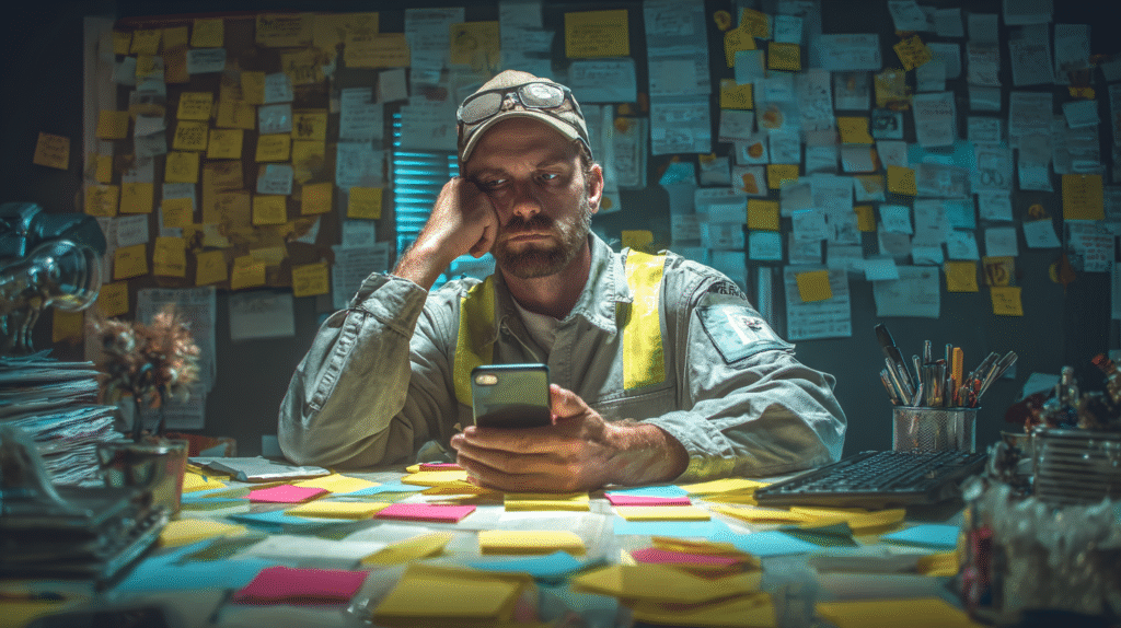 Overwhelmed contractor in safety vest sits at cluttered desk, surrounded by notes, stressing over business growth challenges.