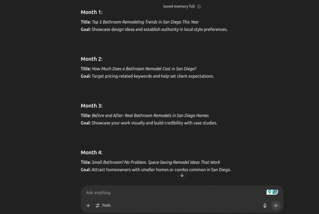 Screenshot of a four-month content calendar for Hook Agency, featuring weekly blog topics focused on bathroom remodeling in San Diego. Each month emphasizes specific themes—trends, costs, real project case studies, and ChatGPT prompts—for targeted contractor marketing and measurable results.