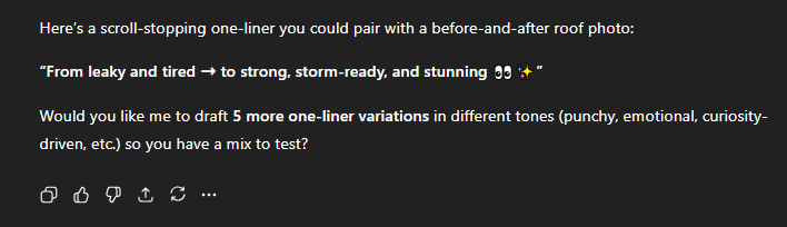 A message on Hook Agency’s site offers concise, impactful before-and-after roofing captions and five more examples. Reaction icons below.