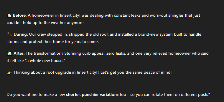 A bulleted list with emoji icons shows the roof upgrade process—before, during, after—and invites ideas to optimize post engagement.