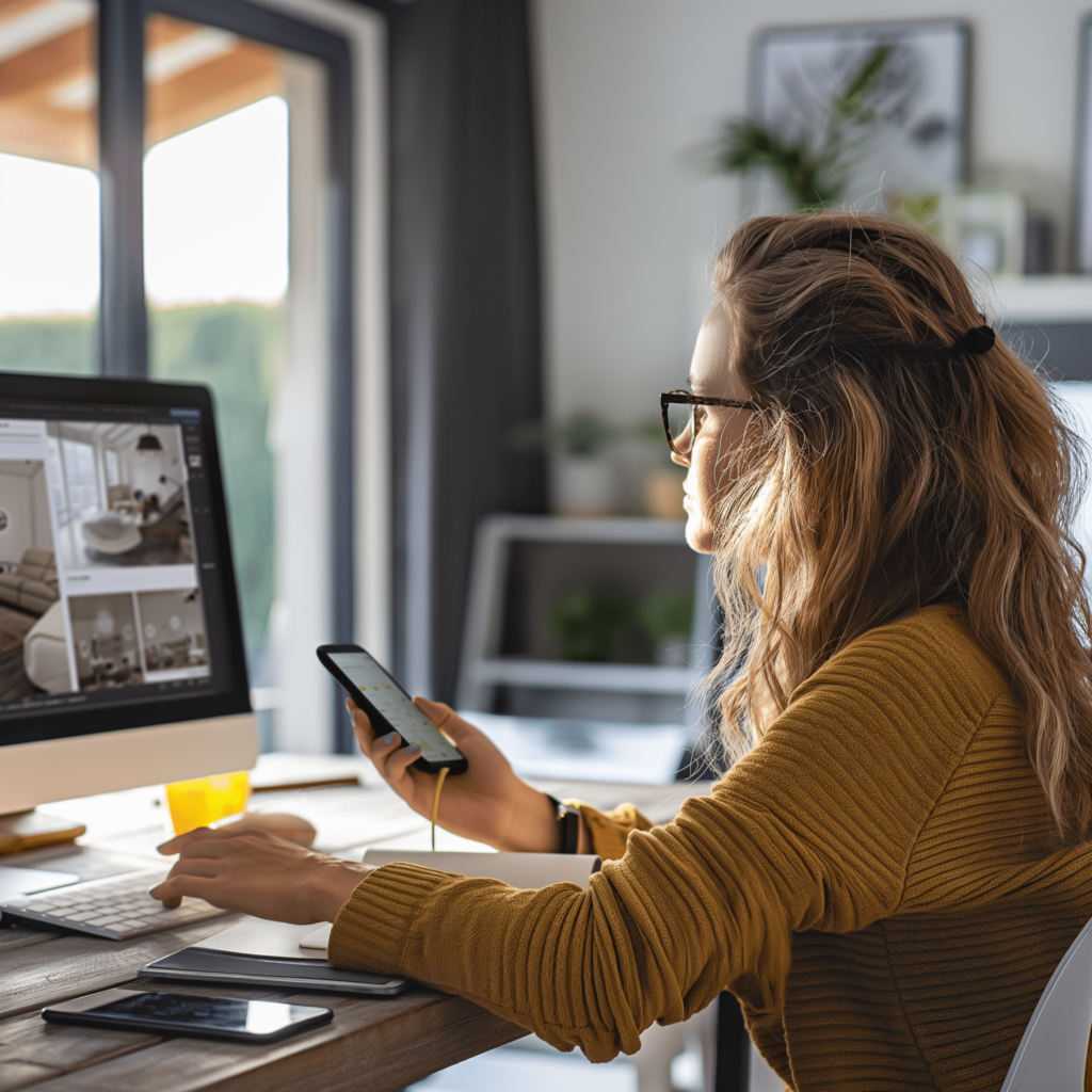 On Hook Agency's website, a focused woman in a mustard sweater and glasses diligently analyzes site performance. She skillfully transitions between her computer and smartphone within her modern home office, complete with an inviting window view.
