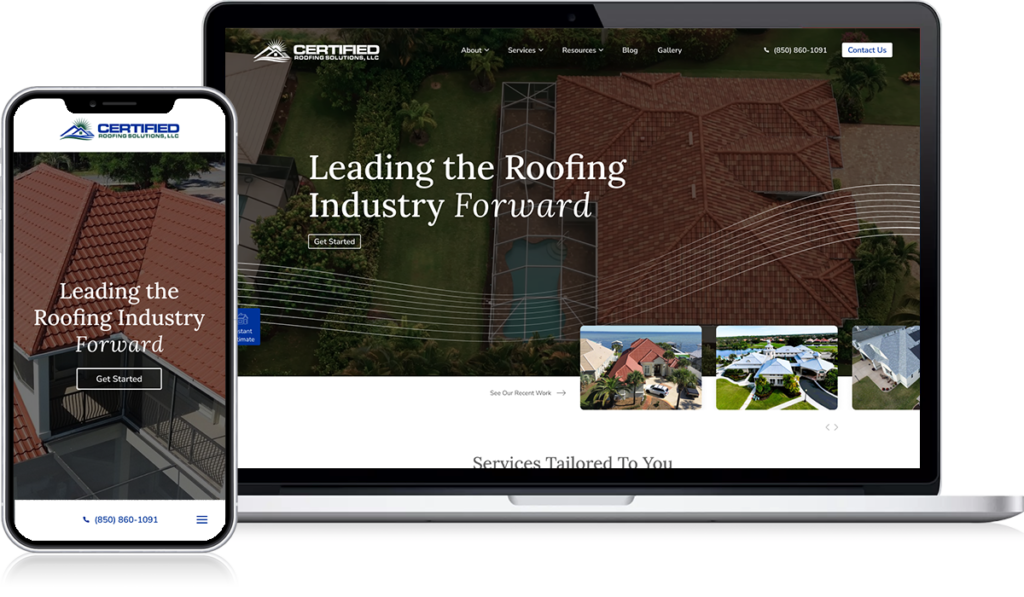 Displayed on a laptop and smartphone, our dynamic roofing website features breathtaking aerial views of tiled roofs alongside a streamlined menu. Prominently branded with the promise "Leading the Roofing Industry Forward," essential contact details are easily accessible on mobile devices.