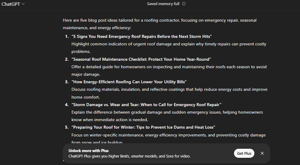 Dark-themed Hook Agency page shows 5 roofing blog ideas; “Get Plus” pop-up aids contractors in winning more leads.