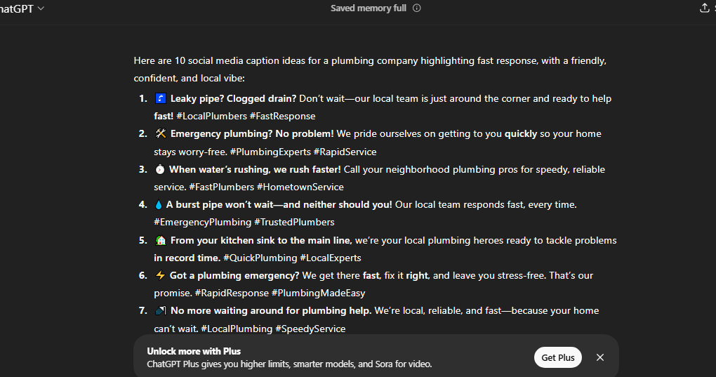 On Hook Agency’s site, a dark screen shows 10 plumbing social post ideas, keywords in blue—focus: speed, local skill, trust.
