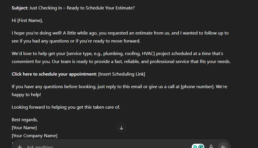 Screenshot of Hook Agency’s contractor follow-up email: prompts action, includes scheduler link, phone number, and company sign-off.