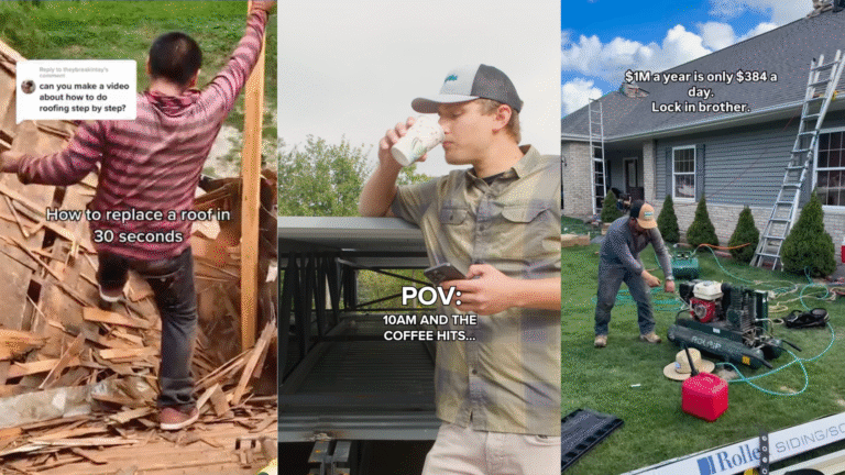 Three vertical panels: Left: A roofing professional creates a tutorial, emphasizing the value of expert-led content for homeowners and contractors. Center: A person enjoys coffee at 10AM, capturing the relatable moment when productivity peaks. Right: Top contractors work together on a house, highlighting high-earning potential in the roofing industry.
