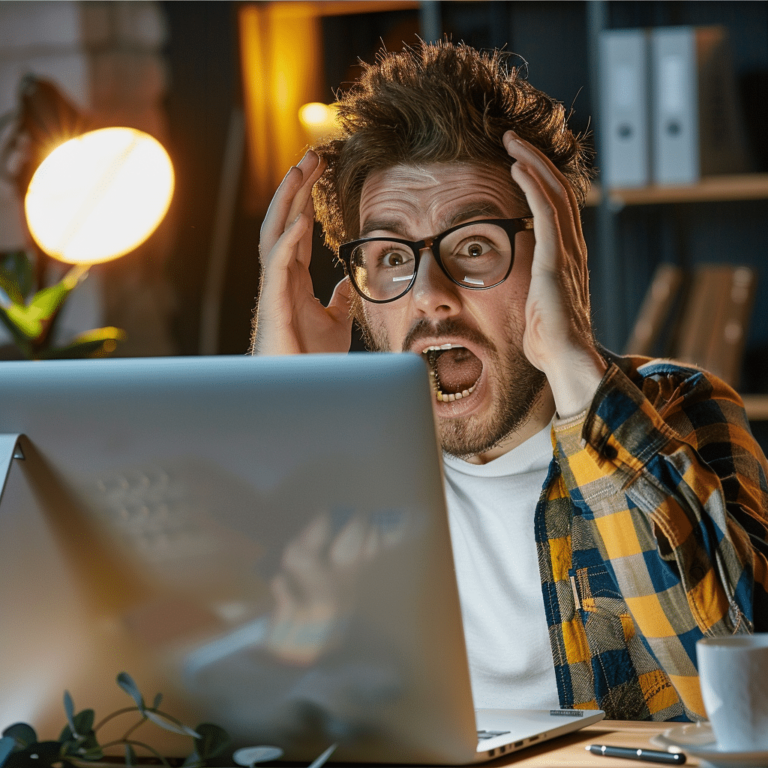 A man in glasses and a plaid shirt sits at his desk, astonished by the innovative SEO keyword features on his laptop. His hands are on his head, captivated by the discovery. The scene is softly illuminated by a warm lamp nearby.