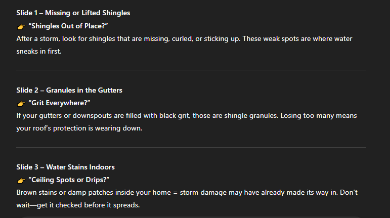Screenshot from Hook Agency’s roofing social post: missing or curled shingles, black grit in gutters, brown ceiling spots. Use ChatGPT prompts to engage customers on storm damage detection.