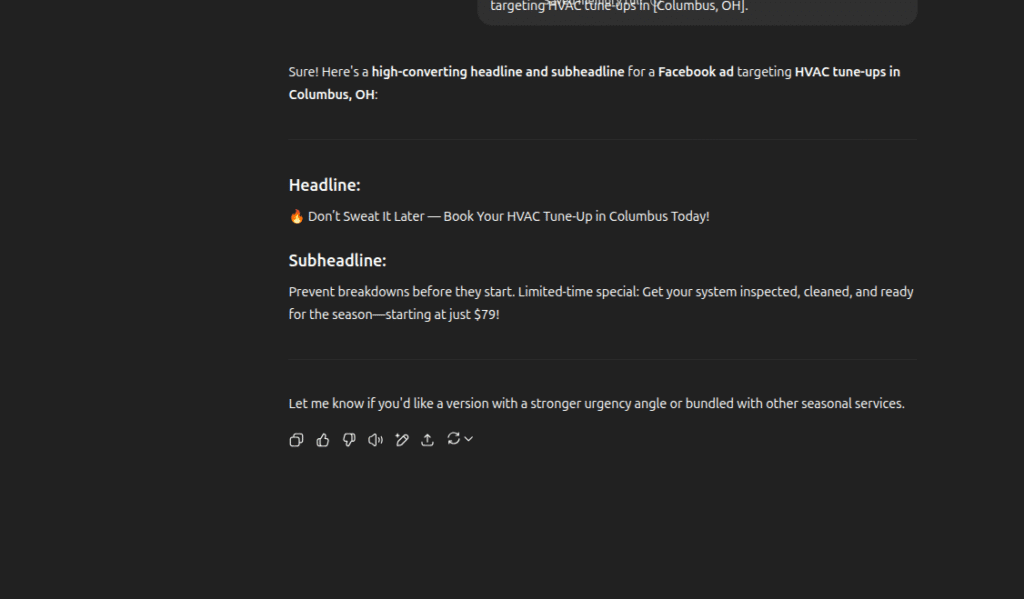 Screenshot of a text conversation displaying ChatGPT-generated contractor marketing prompts. Example includes a Facebook ad for HVAC tune-ups in Columbus, OH, featuring an emoji headline and a $79 limited-time offer subheadline.