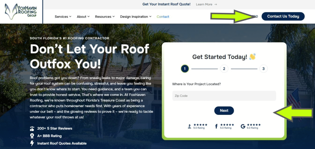 Hook Agency website screenshot: “Contact Us Today” button and zip code form, highlighted for optimal lead capture and conversion.