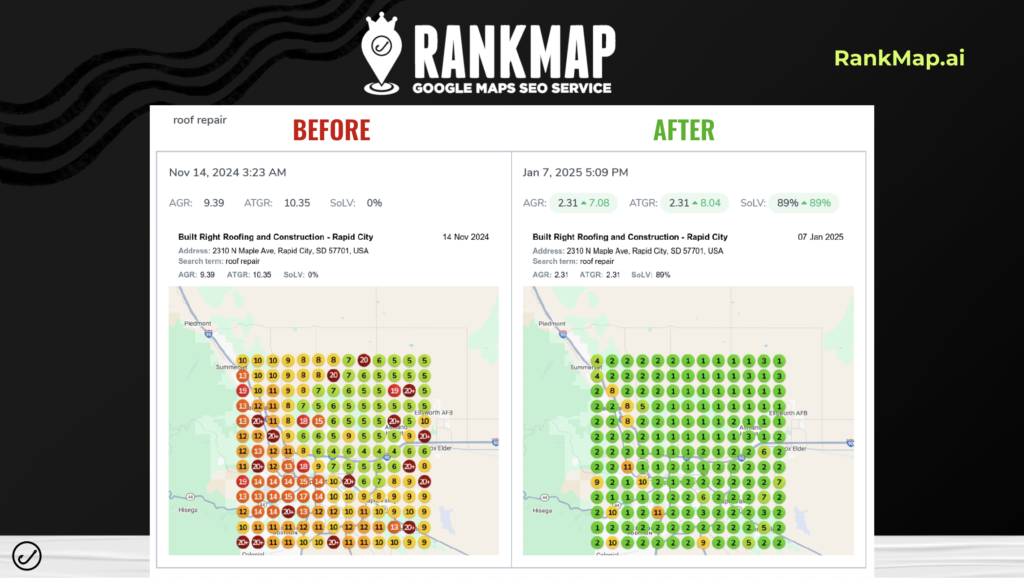 On Hook Agency's website, a compelling visual comparison demonstrates the transformative impact of RankMap AI on roof repair rankings. The "Before" map, dotted with numerous red markers, starkly contrasts with the "After" map, which is predominantly filled with green dots signifying improvement. This shift from 2024 to 2025 underscores Hook Agency's effectiveness in enhancing search rankings and driving results.