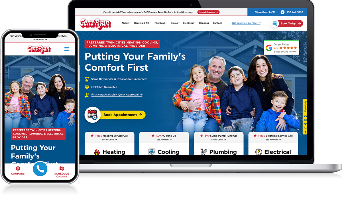 On Hook Agency's website, both smartphone and laptop screens display the same cohesive digital lookbook featuring a vibrant image of a smiling family of five. The site prominently offers comprehensive services in heating, cooling, plumbing, and electrical solutions. A striking red "Book Appointment" button invites immediate action. Complementing these elements is a stylized house illustration that serves as the background.