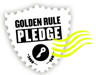 **Golden Rule Pledge Emblem:**

This shield-shaped emblem prominently displays the "Golden Rule Pledge" alongside a key icon. Dynamic yellow lines on the right signify motion, while elegant branch motifs adorn the base, symbolizing commitment and growth.