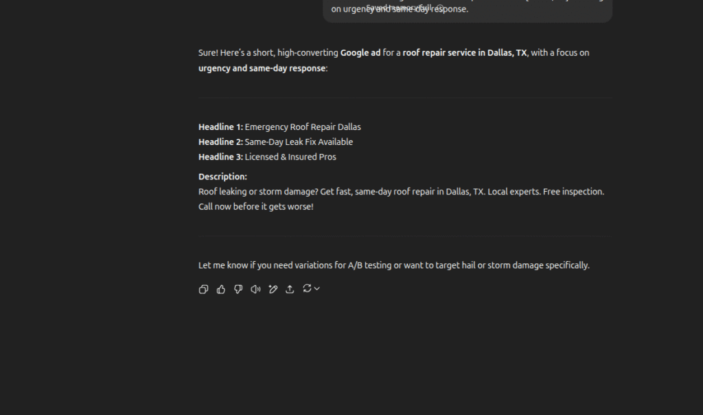 Screenshot of a text editor featuring a Google ad draft for Dallas, TX roof repair services. The ad includes three bold headlines and a concise description emphasizing urgent, same-day response—crafted with ChatGPT prompts for effective contractor marketing by Hook Agency.