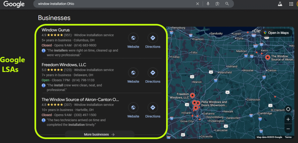 Screenshot of Google results for "window installation Ohio," showing LSAs on the left, business map on right—key LSA insights.