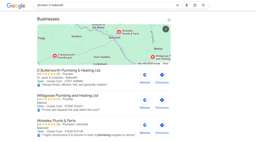 Google search for "plumber in Bakewell" shows a map and 3 ranked plumbers, highlighting the impact of Local SEO on visibility.