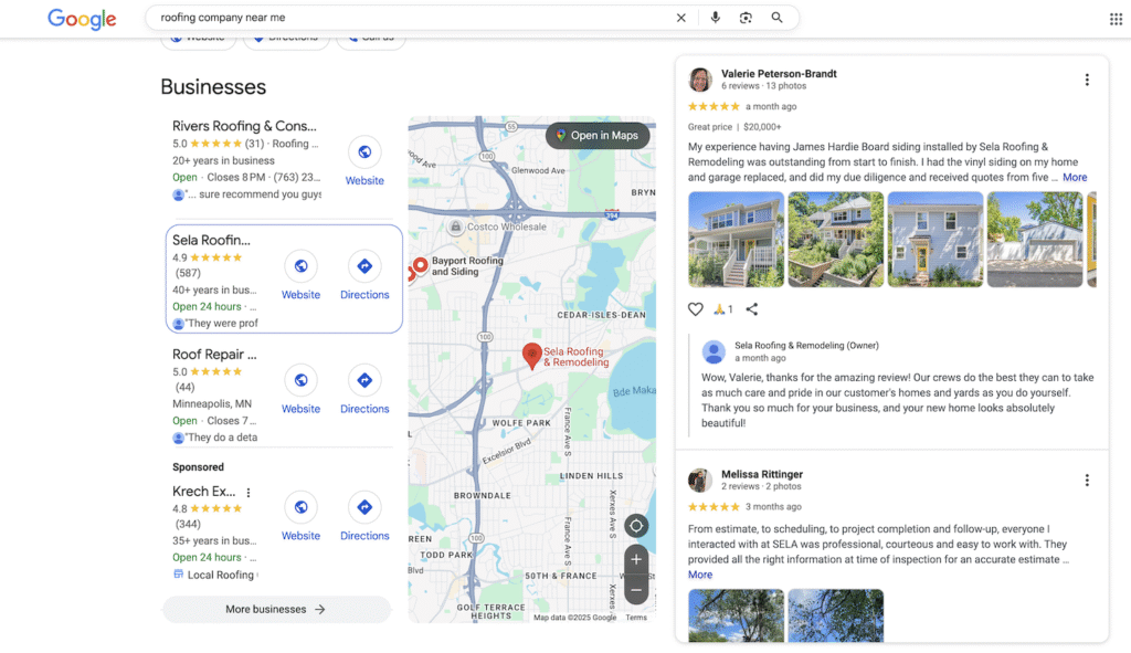 Google search for "roofing company near me" displays a map, top-rated listings, business info, and reviews—boosting local SEO.