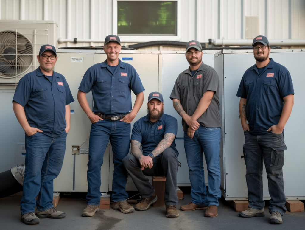 Five experienced HVAC contractors, clad in blue uniforms and hats, pose confidently in front of large HVAC units outdoors.