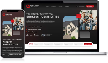 Displayed on a laptop and smartphone, the Home Front Builders website—crafted by Tim Brown—features images of a home and family. The site highlights construction and remodeling services, emphasizing limitless possibilities.