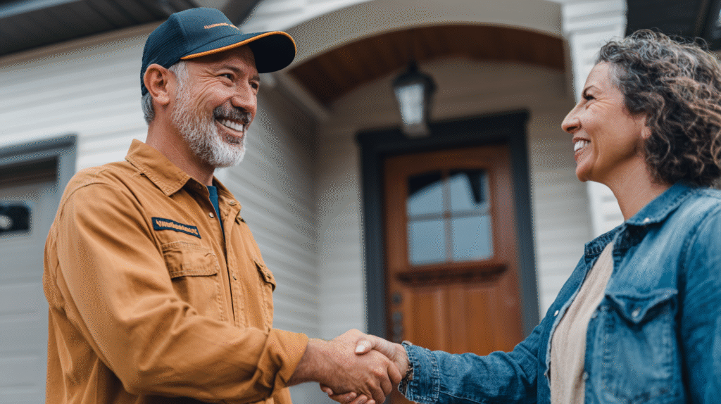 Contractor in uniform shakes hands with homeowner outside her house, symbolizing trusted home repair services by Hook Agency pros.