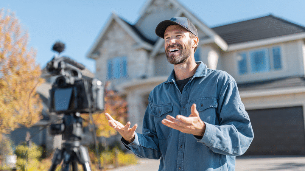 Man in denim shirt creates short-form content for homeowners, speaking to a tripod-mounted camera outside a modern suburban home.