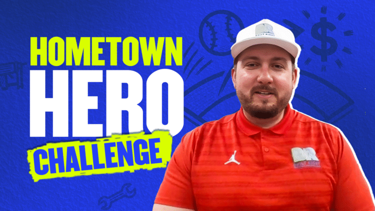 A man in a red polo and white cap stands before a blue background featuring icons of a football, baseball, dollar sign, and tools. Bold text announces the “Hometown Hero Challenge,” celebrating the achievements of local champions.