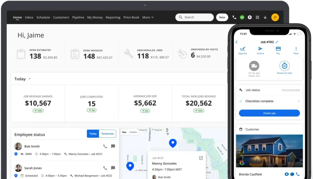 Laptop and smartphone show business dashboards with key stats, highlighting top plumber CRMs for 2025 on Hook Agency’s site.