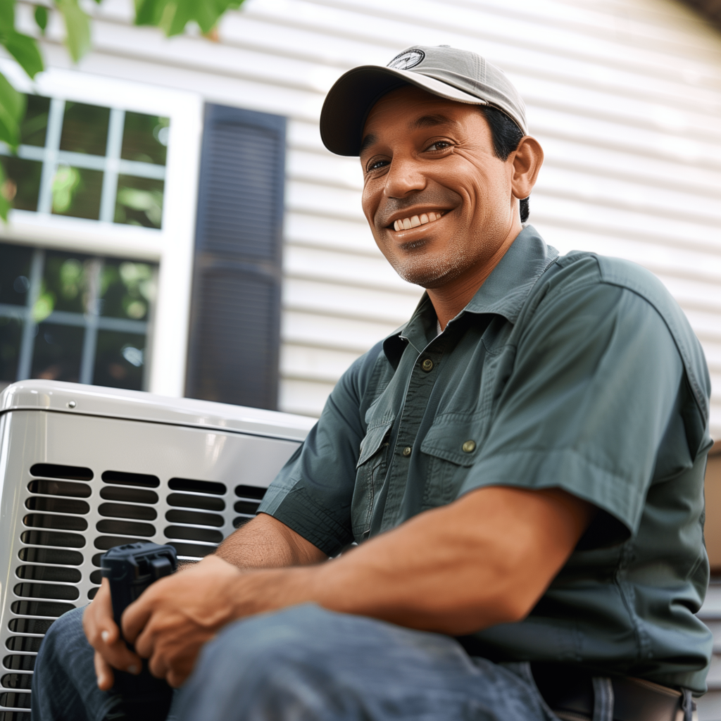 HVAC technician in uniform sits by outdoor AC unit, tool in hand, ready to generate leads for your business. House in background.