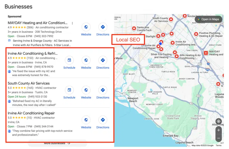 Screenshot of Google Maps showing top local HVAC businesses near Irvine, CA with pins and "Local SEO"—key for HVAC marketing.