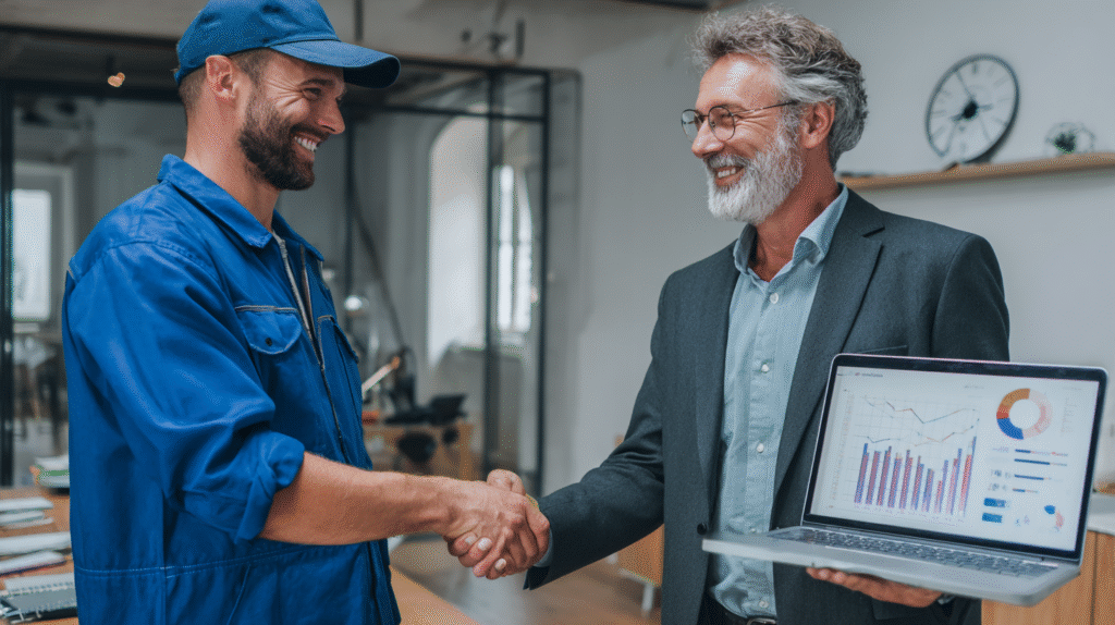 HVAC professional shakes hands with Hook Agency consultant showing marketing results on laptop, both smiling in modern office.