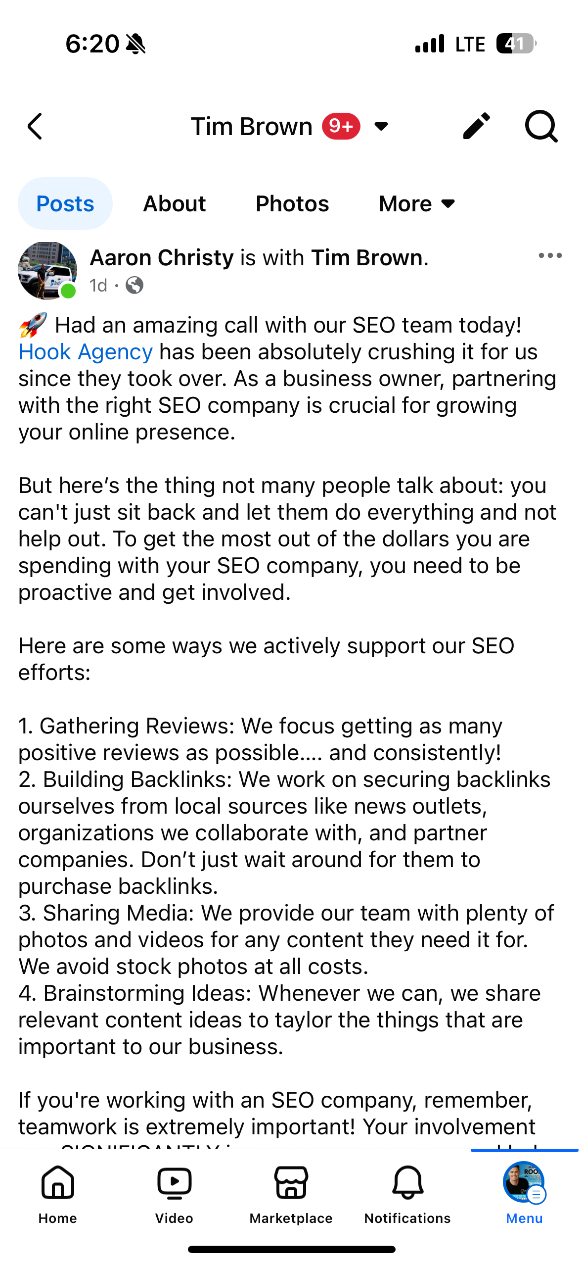 Tim Brown recently shared insights from a successful SEO team call on social media. Key strategies discussed included leveraging reviews, engaging with media, and effective link building. To propel your business growth, it's crucial to actively engage with these SEO tactics. Learn more about optimizing your strategy on Hook Agency's website.