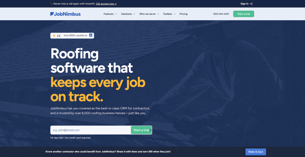 Screenshot of JobNimbus homepage on Hook Agency site with search bar, clear CTA buttons, bold CRM pitch, and roofer image.