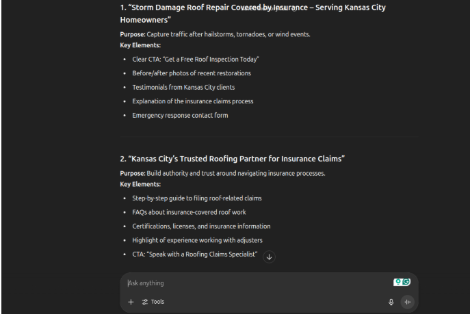 Below is an authoritative, clear, and concise rewrite suitable for Hook Agency’s website: --- Roofing Insurance Claims Content Sections Section 1: Understanding Roofing Insurance Claims - Purpose: Educate homeowners on roofing insurance claims to build trust. - Key Elements: - Strong Call-to-Action (CTA) - Client testimonials - Frequently Asked Questions (FAQs) Section 2: Steps to Navigate Your Roofing Insurance Claim - Purpose: Simplify the claims process and position your company as the expert guide. - Key Elements: - Step-by-step claims handling guide - Examples of successful outcomes (case studies or testimonials) - Actionable CTA Contractor Marketing Support: ChatGPT Prompts Included Leverage tailored prompts to generate marketing content quickly and effectively. --- *Ready to help more clients with their insurance claims? Reach out for proven strategies.*.