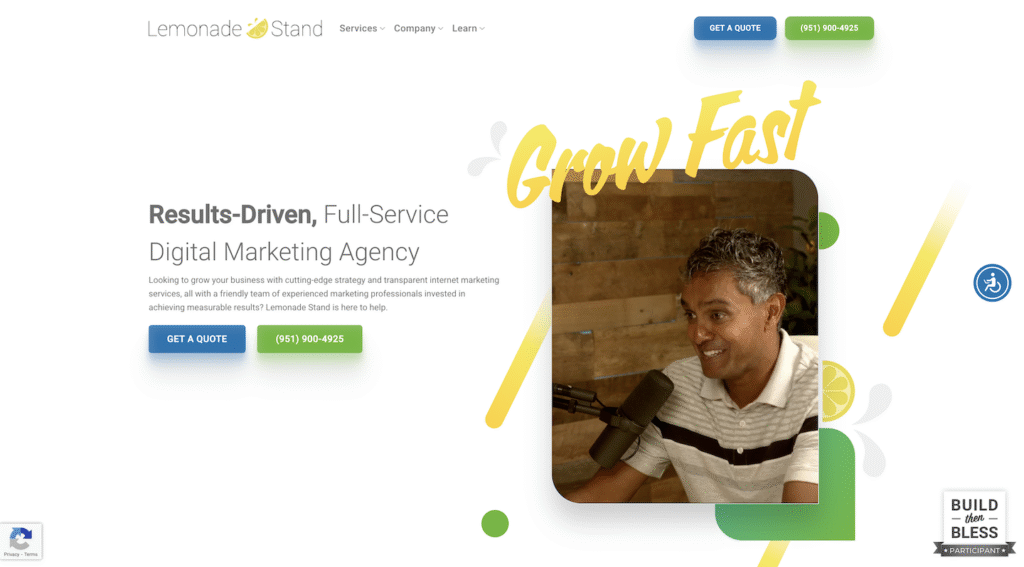 Screenshot of Lemonade Stand’s homepage: A smiling man at a microphone alongside the headline, “Results-Driven, Full-Service Digital Marketing Agency,” and a prominent yellow “Grow Fast” graphic. Blue and green CTA buttons are also visible. This layout is an excellent model for plumbing marketing agencies seeking bold, conversion-focused website inspiration.