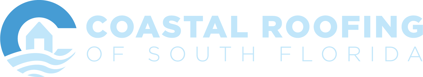 Logo design for Coastal Roofing of South Florida: Features a blue wave, stylized roof with chimney, and the company name in bold blue and light blue typography—ideal for case studies and marketing materials.