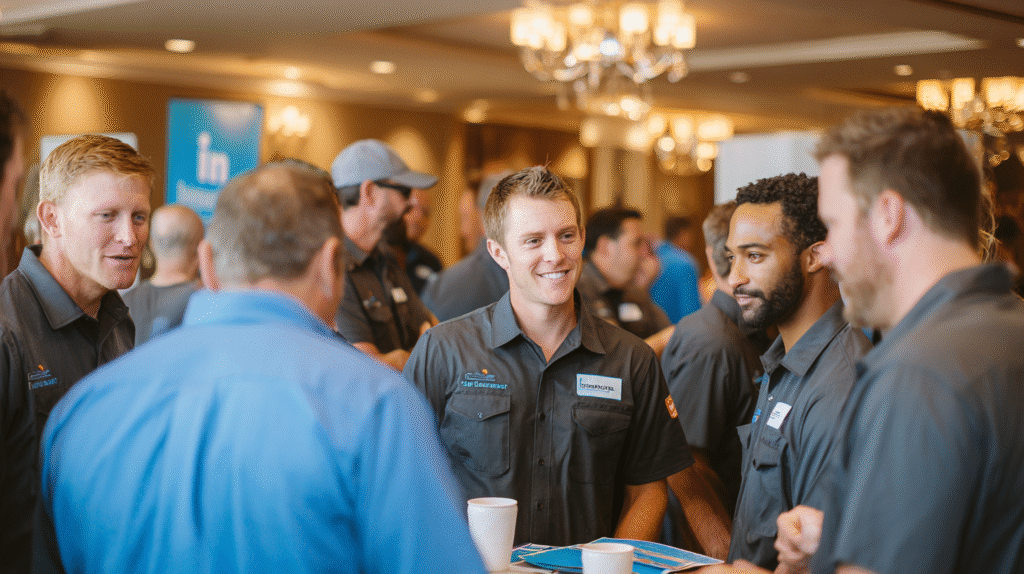 Hook Agency team members in matching dark shirts network and engage with B2B clients at a home service event indoors.