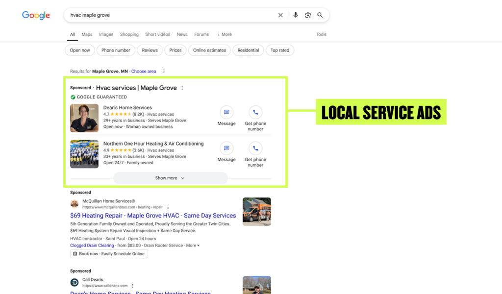Explore the dynamic world of Local Service Ads (LSA) directly through a Google search for "HVAC Maple Grove." Our highlighted example demonstrates how LSAs prominently feature HVAC providers, complete with direct contact options like messaging and calling. Beneath these ads, sponsored links for related services are displayed, underscoring the effectiveness of LSA marketing strategies. Unlock the potential of LSAs to enhance visibility and connect with more customers today on Hook Agency's website.