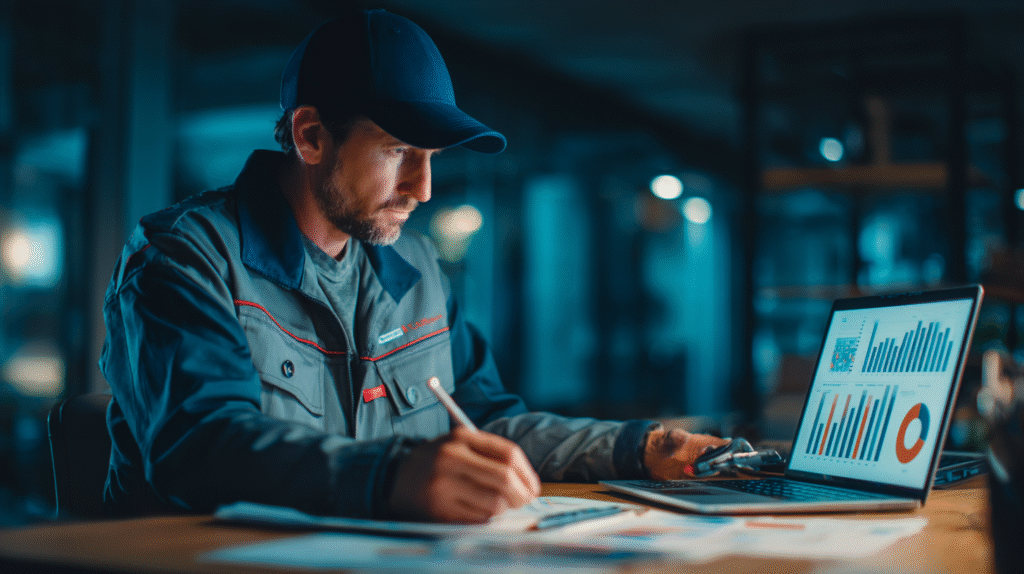 A contractor reviews charts and takes notes at his desk, researching effective advertising ideas in a dimly lit office.