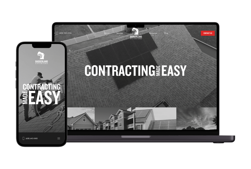 Smartphone and laptop display Hook Agency’s site for a contractor, featuring rooftop solar panels and the slogan "Contracting Made Easy.