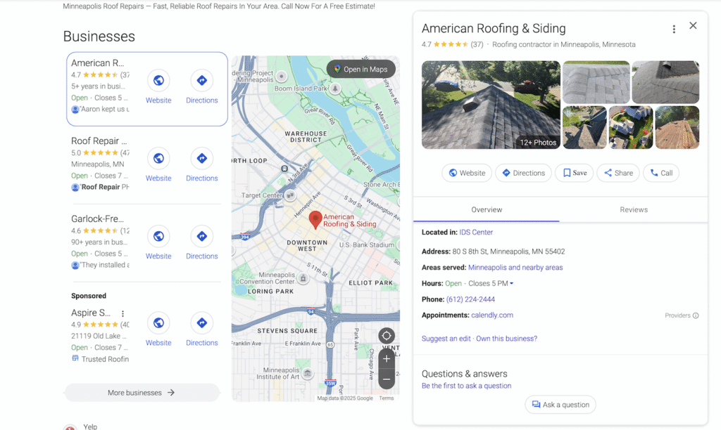 Screenshot of Google search for Minneapolis roofing businesses with map and “American Roofing & Siding” info—showing how to boost local business traffic.